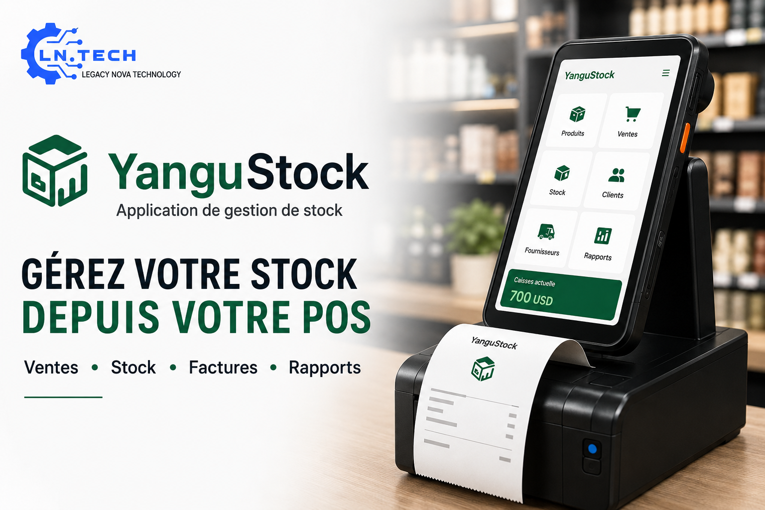Ordinateur avec logiciel de gestion de stock et imprimante thermique pour factures
